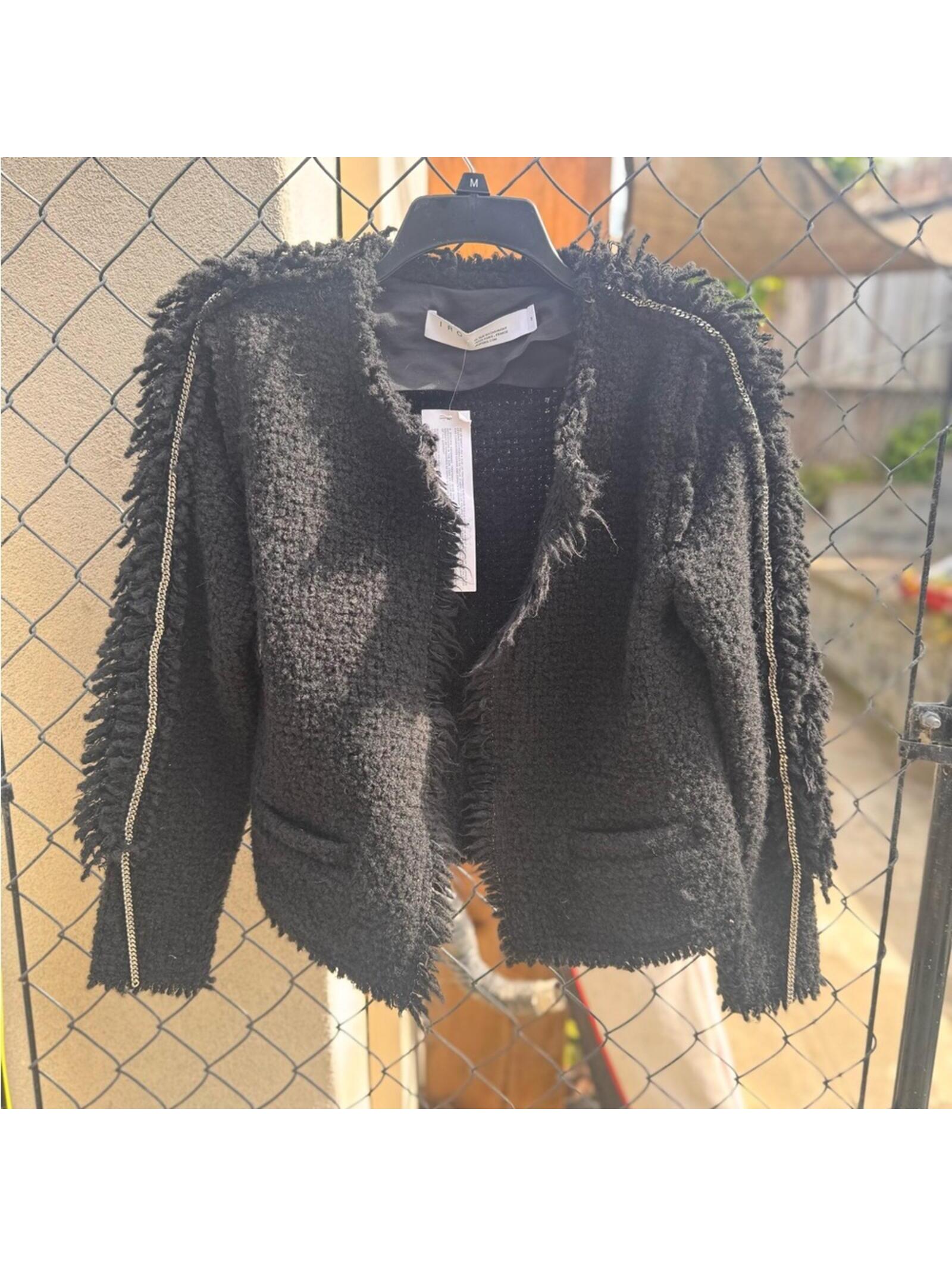 Iro Black Textured Fringe Blazer With Silver Chain Down Sleeves